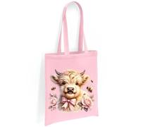 Printshirts Highland Cow Tote Bag - Adorable Cream Highland Cow with Pink Roses and Bumblebees, Scottish Cow Design, Eco Friendly Reusable Shopping Bag for Everyday Use (Light Pink)