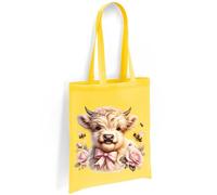 Printshirts Highland Cow Tote Bag - Adorable Cream Highland Cow with Pink Roses and Bumblebees, Scottish Cow Design, Eco Friendly Reusable Shopping Bag for Everyday Use (Yellow)