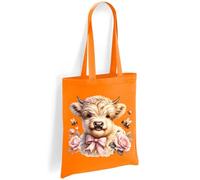 Printshirts Highland Cow Tote Bag - Adorable Cream Highland Cow with Pink Roses and Bumblebees, Scottish Cow Design, Eco Friendly Reusable Shopping Bag for Everyday Use (Orange)