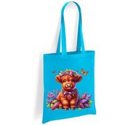 Printshirts Highland Cow Tote Bag - Baby Cow with Bow and Butterfly, Country Farm Style Cotton Shoulder Bag, Eco Friendly and Reusable for Everyday Use (Sapphire)