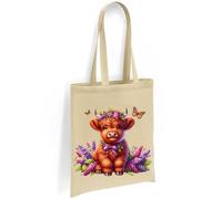 Printshirts Highland Cow Tote Bag - Baby Cow with Bow and Butterfly, Country Farm Style Cotton Shoulder Bag, Eco Friendly and Reusable for Everyday Use (Natural)