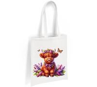 Printshirts Highland Cow Tote Bag - Baby Cow with Bow and Butterfly, Country Farm Style Cotton Shoulder Bag, Eco Friendly and Reusable for Everyday Use (White)