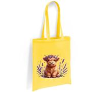 Printshirts Highland Cow Tote Bag - Baby Highland Cow with Lavender Flowers, Farm Animal Design, Reusable Canvas Bag for Shopping, Daily Use or Travel (Yellow)