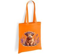 Printshirts Highland Cow Tote Bag - Baby Highland Cow with Lavender Flowers, Farm Animal Design, Reusable Canvas Bag for Shopping, Daily Use or Travel (Orange)