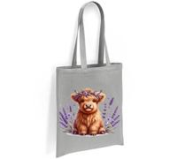 Printshirts Highland Cow Tote Bag - Baby Highland Cow with Lavender Flowers, Farm Animal Design, Reusable Canvas Bag for Shopping, Daily Use or Travel (Silver)