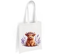 Printshirts Highland Cow Tote Bag - Baby Highland Cow with Lavender Flowers, Farm Animal Design, Reusable Canvas Bag for Shopping, Daily Use or Travel (White)