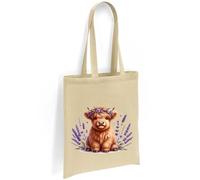 Printshirts Highland Cow Tote Bag - Baby Highland Cow with Lavender Flowers, Farm Animal Design, Reusable Canvas Bag for Shopping, Daily Use or Travel (Natural)