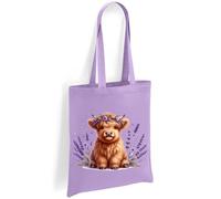 Printshirts Highland Cow Tote Bag - Baby Highland Cow with Lavender Flowers, Farm Animal Design, Reusable Canvas Bag for Shopping, Daily Use or Travel (Lavender)