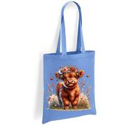 Printshirts Highland Cow Tote Bag - Cute Cow with Flower Crown and Ladybirds, Scottish Farm Animal Shoulder Bag, Eco Reusable Shopping Bag for Nature Lovers (Sky Blue)