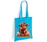 Printshirts Highland Cow Tote Bag - Cute Cow with Flower Crown and Ladybirds, Scottish Farm Animal Shoulder Bag, Eco Reusable Shopping Bag for Nature Lovers (Blue)
