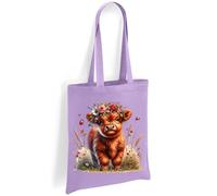 Printshirts Highland Cow Tote Bag - Cute Cow with Flower Crown and Ladybirds, Scottish Farm Animal Shoulder Bag, Eco Reusable Shopping Bag for Nature Lovers (Lavender)