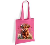 Printshirts Highland Cow Tote Bag - Cute Cow with Flower Crown and Ladybirds, Scottish Farm Animal Shoulder Bag, Eco Reusable Shopping Bag for Nature Lovers (Pink)