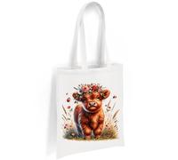 Printshirts Highland Cow Tote Bag - Cute Cow with Flower Crown and Ladybirds, Scottish Farm Animal Shoulder Bag, Eco Reusable Shopping Bag for Nature Lovers (White)