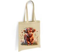 Printshirts Highland Cow Tote Bag - Cute Cow with Flower Crown and Ladybirds, Scottish Farm Animal Shoulder Bag, Eco Reusable Shopping Bag for Nature Lovers (Natural)