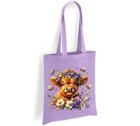 Printshirts Highland Cow Tote Bag - Cute Floral Cow Design with Bees, Scottish Farm Animal Shoulder Bag, Funny Nature Gift for Her, Eco Reusable Shopping Bag (Lavender)