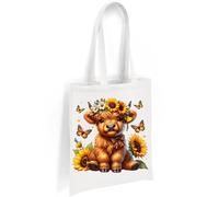 Printshirts Highland Cow Tote Bag - Floral Sunflower Cow with Butterflies, Scottish Farm Animal Shoulder Bag, Nature Lover Eco Reusable Shopping Bag for Everyday Use (White)