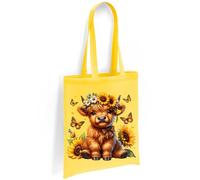 Printshirts Highland Cow Tote Bag - Floral Sunflower Cow with Butterflies, Scottish Farm Animal Shoulder Bag, Nature Lover Eco Reusable Shopping Bag for Everyday Use (Yellow)