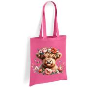 Printshirts Highland Cow Tote Bag - Scottish Cow with Floral Crown and Birds, Farm Animal Shoulder Bag, Nature Lover Eco Reusable Shopping Bag for Everyday Use (Pink)