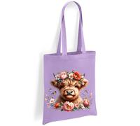 Printshirts Highland Cow Tote Bag - Scottish Cow with Floral Crown and Birds, Farm Animal Shoulder Bag, Nature Lover Eco Reusable Shopping Bag for Everyday Use (Lavender)