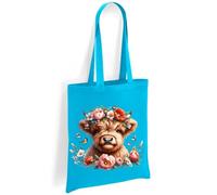 Printshirts Highland Cow Tote Bag - Scottish Cow with Floral Crown and Birds, Farm Animal Shoulder Bag, Nature Lover Eco Reusable Shopping Bag for Everyday Use (Sapphire)
