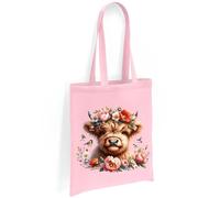 Printshirts Highland Cow Tote Bag - Scottish Cow with Floral Crown and Birds, Farm Animal Shoulder Bag, Nature Lover Eco Reusable Shopping Bag for Everyday Use (Light Pink)