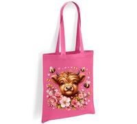 Printshirts Highland Cow Tote Bag - Scottish Cow with Pink Cherry Blossom and Bumblebees, Farm Animal Shoulder Bag, Nature Lover Eco Reusable Shopping Tote Bag for Everyday Use (Pink)