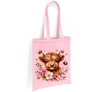 Printshirts Highland Cow Tote Bag - Scottish Cow with Pink Cherry Blossom and Bumblebees, Farm Animal Shoulder Bag, Nature Lover Eco Reusable Shopping Tote Bag for Everyday Use (Light Pink)