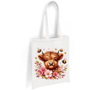 Printshirts Highland Cow Tote Bag - Scottish Cow with Pink Cherry Blossom and Bumblebees, Farm Animal Shoulder Bag, Nature Lover Eco Reusable Shopping Tote Bag for Everyday Use (White)