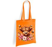 Printshirts Highland Cow Tote Bag - Scottish Cow with Pink Cherry Blossom and Bumblebees, Farm Animal Shoulder Bag, Nature Lover Eco Reusable Shopping Tote Bag for Everyday Use (Orange)