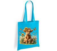 Printshirts Highland Cow Tote Bag - Scottish Cow with Sunflowers and Butterflies, Farm Animal Shoulder Bag, Nature Lover Eco Reusable Shopping Bag for Everyday Use (Sapphire)