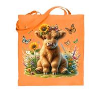 Printshirts Highland Cow Tote Bag - Scottish Cow with Sunflowers and Butterflies, Farm Animal Shoulder Bag, Nature Lover Eco Reusable Shopping Bag for Everyday Use (Orange)