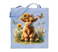 Printshirts Highland Cow Tote Bag - Scottish Cow with Sunflowers and Butterflies, Farm Animal Shoulder Bag, Nature Lover Eco Reusable Shopping Bag for Everyday Use (Sky Blue)
