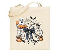 Printshirts I Put the Boo in Boujee Halloween Tote - Cute Ghost, Pumpkin & Bow Design, Reusable Trick or Treat Bag for Stylish Spooky Season Fun, Kids or Adults (Natural)