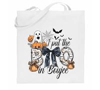 Printshirts I Put the Boo in Boujee Halloween Tote - Cute Ghost, Pumpkin & Bow Design, Reusable Trick or Treat Bag for Stylish Spooky Season Fun, Kids or Adults (White)