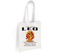 Printshirts Leo Zodiac Tote Bag - Funny Star Sign Gift with Sassy Lion Cartoon & Quote, Reusable Cotton Astrology Bag for Leo Birthdays, Shopping & Main Character Vibes (White)