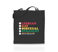 Printshirts Lesbian, Gay, Bisexual, Straight, Human Tote Bag - Funny LGBTQ+ Reusable Shopper - Pride Flag Design - Eco Cotton Bag for Gifts, Festivals, Protests & Everyday Use (Black)