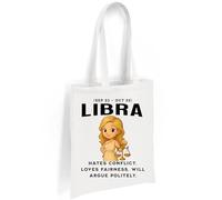 Printshirts Libra Zodiac Tote Bag - Funny Star Sign Gift with Cute Scales Cartoon & Quote, Reusable Cotton Astrology Bag for Libra Birthdays, Shopping & Chill Debates (White)