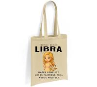 Printshirts Libra Zodiac Tote Bag - Funny Star Sign Gift with Cute Scales Cartoon & Quote, Reusable Cotton Astrology Bag for Libra Birthdays, Shopping & Chill Debates (Natural)