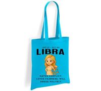 Printshirts Libra Zodiac Tote Bag - Funny Star Sign Gift with Cute Scales Cartoon & Quote, Reusable Cotton Astrology Bag for Libra Birthdays, Shopping & Chill Debates (Sapphire)