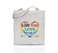 Printshirts Live True. Love True. Tote Bag - Funny LGBTQ+ Reusable Shopper - Pride Flag Design - Eco Cotton Bag for Gifts, Festivals, Protests & Everyday Use (White)