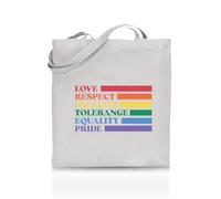 Printshirts Love, Respect, Freedom, Tolerance, Equality, Pride Tote Bag - Funny LGBTQ+ Reusable Shopper - Pride Flag Design - Eco Cotton Bag for Gifts, Festivals, Protests & Everyday Use (White)