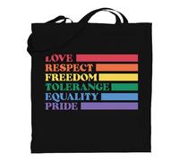 Printshirts Love, Respect, Freedom, Tolerance, Equality, Pride Tote Bag - Funny LGBTQ+ Reusable Shopper - Pride Flag Design - Eco Cotton Bag for Gifts, Festivals, Protests & Everyday Use (Black)