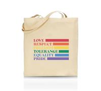 Printshirts Love, Respect, Freedom, Tolerance, Equality, Pride Tote Bag - Funny LGBTQ+ Reusable Shopper - Pride Flag Design - Eco Cotton Bag for Gifts, Festivals, Protests & Everyday Use (Natural)