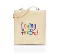 Printshirts Loving Is A Freedom! Tote Bag - Funny LGBTQ+ Reusable Shopper - Pride Flag Design - Eco Cotton Bag for Gifts, Festivals, Protests & Everyday Use (Natural)