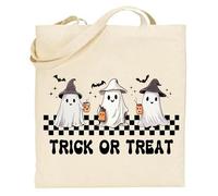 Printshirts Trick or Treat Halloween Tote Bag - Cute Ghosts with Witch Hats & Pumpkin Drinks, Reusable Cotton Trick or Treat Bag for Kids, Candy, Shopping & Spooky Fun (Natural)