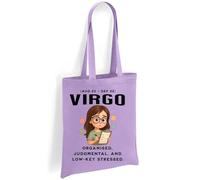 Printshirts Virgo Zodiac Tote Bag - Reusable Cotton Astrology Tote Bag with Organised Cartoon Design, Ideal for Virgo Star Sign Birthdays, Gifts, Shopping & Daily Tasks (Lavendar)