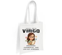 Printshirts Virgo Zodiac Tote Bag - Reusable Cotton Astrology Tote Bag with Organised Cartoon Design, Ideal for Virgo Star Sign Birthdays, Gifts, Shopping & Daily Tasks (White)