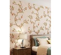 Prior.choice 9.5X0.53M American Country Floral 4 Colors Flock Embossed Textured Non-Woven Wallpaper Roll for Bedroom Livingroom 1.73' W x 31.2' L=5.035㎡ (54sq.ft) (Light Pink)