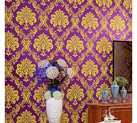 Prior.choice 9.5X0.53M Luxury Damask 7 Colors Luxury Embossed Flock Textured Non-Woven Wallpaper Roll for Bedroom Livingroom 1.73' W x 31.2' L=5.035㎡ (54sq.ft) (Purple)
