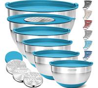 Priority Chef 6Pc Large Mixing Bowls With Lids Set with Non-Slip Bases, Stainless Steel Mixing Bowl Set, 6 Airtight Lids and 3 Graters, Serving Nesting Metal Bowl Set, Turquoise